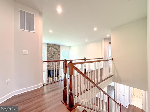 8525 Laroque Run Dr, Fredericksburg, VA 22407 - hallway featuring an upstairs landing, wood finished floors, baseboards, and recessed lighting