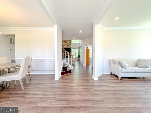 8525 Laroque Run Dr, Fredericksburg, VA 22407 - foyer entrance featuring ornamental molding, stairs, light wood-type flooring, baseboards, and recessed lighting