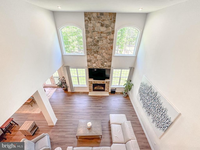 8525 Laroque Run Dr, Fredericksburg, VA 22407 - living area with healthy amount of natural light, a high ceiling, wood finished floors, and a fireplace