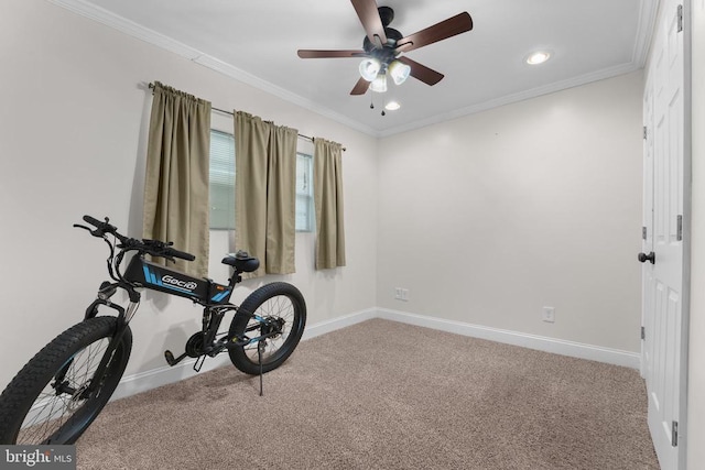 exercise room with carpet floors, baseboards, a ceiling fan, recessed lighting, and crown molding