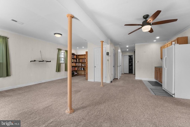 unfurnished living room with light carpet, a ceiling fan, and recessed lighting