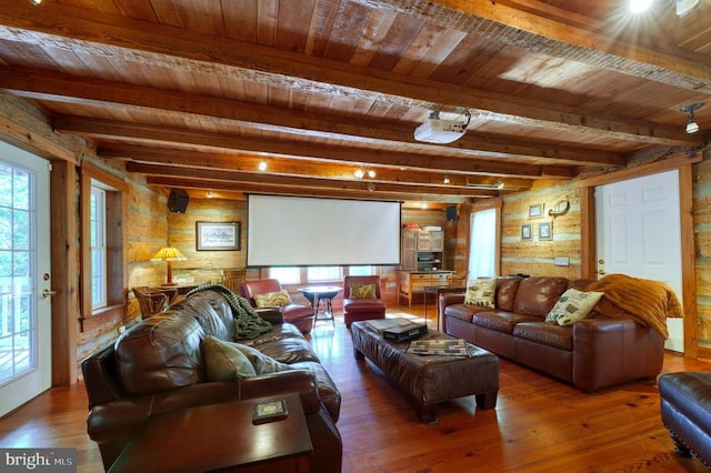 315 Ganders Dr, Luray, VA 22835 - home theater room with beamed ceiling, wood-type flooring, and wooden ceiling