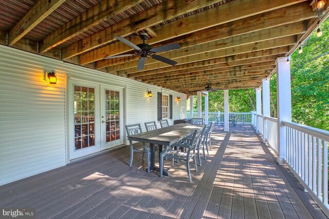 315 Ganders Dr, Luray, VA 22835 - wooden terrace with outdoor dining area, french doors, and ceiling fan