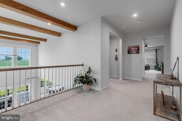 10115 Premier St, Fredericksburg, VA 22408 - hall featuring plenty of natural light, carpet floors, recessed lighting, baseboards, and beamed ceiling
