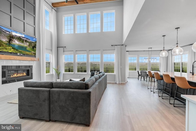 10115 Premier St, Fredericksburg, VA 22408 - living area with light wood-type flooring, a high ceiling, and a large fireplace