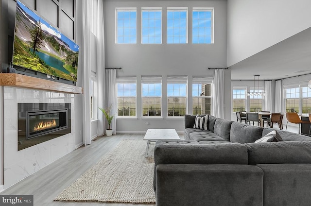 10115 Premier St, Fredericksburg, VA 22408 - living area featuring wood finished floors, a high ceiling, and a glass covered fireplace