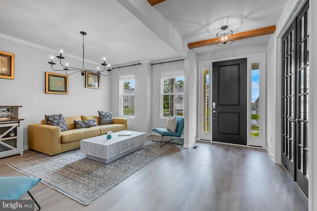 10115 Premier St, Fredericksburg, VA 22408 - entryway featuring wood finished floors, a chandelier, baseboards, and crown molding