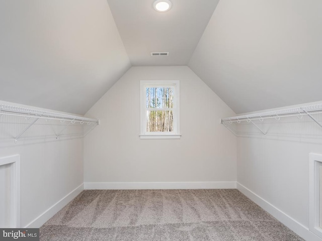 walk in closet featuring carpet and vaulted ceiling