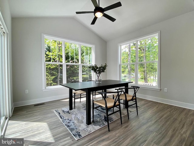 dining room featuring plenty of natural light, a ceiling fan, baseboards, and lofted ceiling
