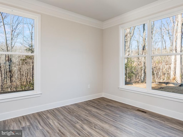spare room featuring crown molding, baseboards, healthy amount of natural light, and wood finished floors