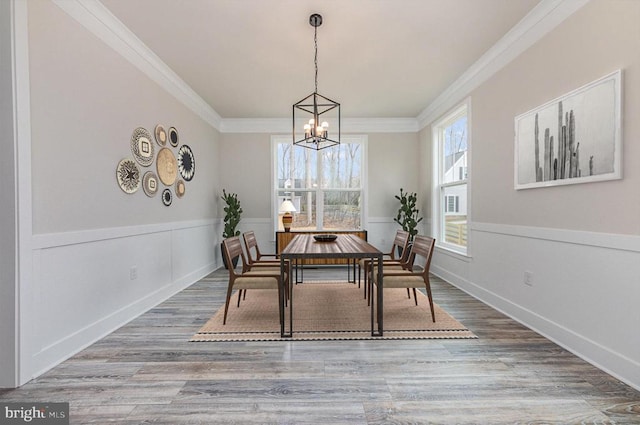 dining area with ornamental molding, a chandelier, and wood finished floors