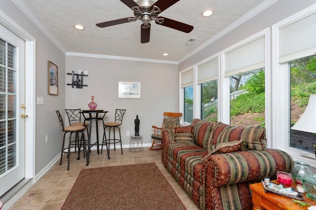 521 Hickory Grove Cir, Harrisonburg, VA 22801 - living room featuring light tile patterned floors, recessed lighting, a ceiling fan, baseboards, and a textured ceiling