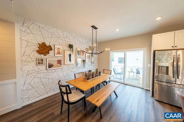 3018 Horizon Rd, Charlottesville, VA 22902 - dining area with an accent wall, a chandelier, dark wood-type flooring, and recessed lighting
