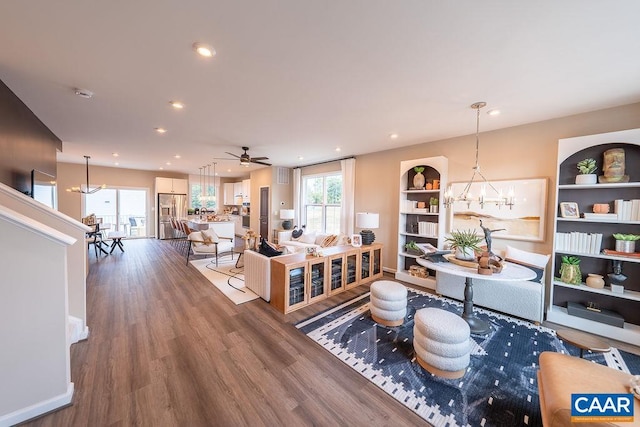 3018 Horizon Rd, Charlottesville, VA 22902 - living area featuring a chandelier, wood finished floors, a ceiling fan, and recessed lighting