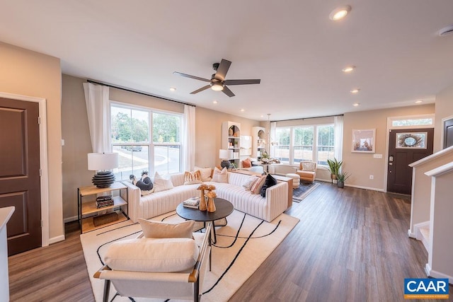 3018 Horizon Rd, Charlottesville, VA 22902 - living room featuring wood finished floors, a ceiling fan, baseboards, and recessed lighting