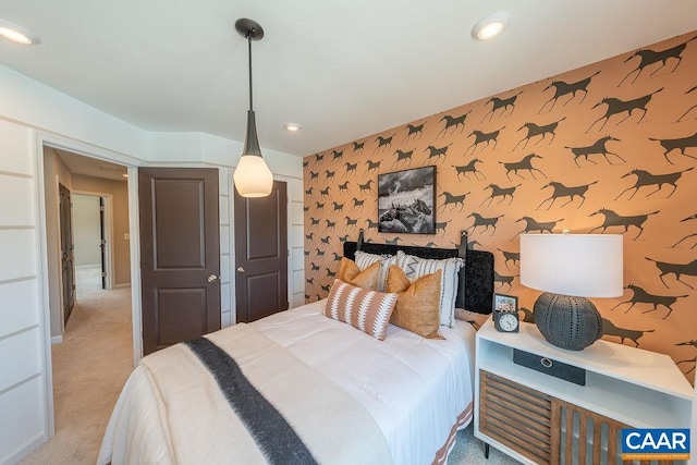 3018 Horizon Rd, Charlottesville, VA 22902 - carpeted bedroom with wallpapered walls and recessed lighting