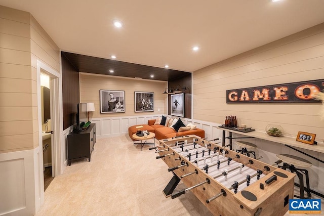 3018 Horizon Rd, Charlottesville, VA 22902 - recreation room featuring wooden walls, light colored carpet, and recessed lighting
