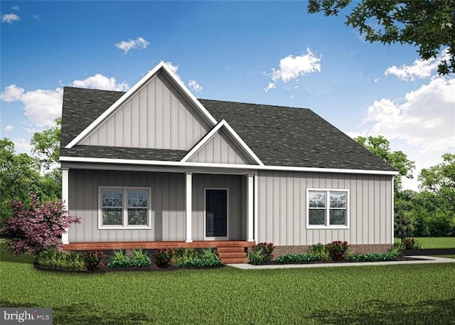 354 Glenmore Ln Lot 35, Keswick, VA 22947 - view of front of home with a porch, a front yard, roof with shingles, and board and batten siding
