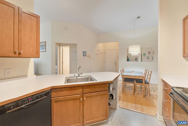 kitchen with a sink, a peninsula, dishwasher, stainless steel electric range oven, and light countertops