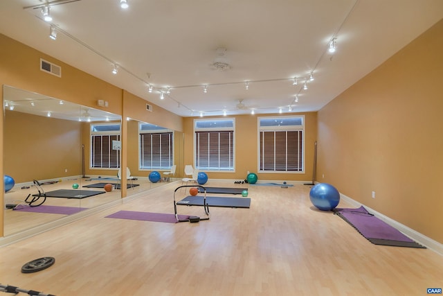 workout area featuring rail lighting, baseboards, visible vents, and wood finished floors