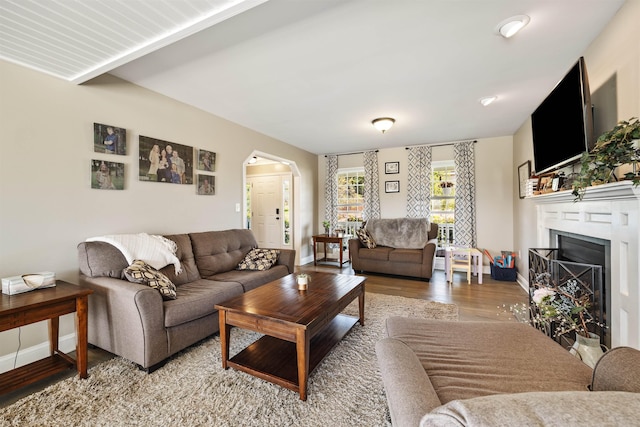 23 Joy Ln, Fishersville, VA 22939 - living room featuring baseboards, wood finished floors, arched walkways, and a fireplace