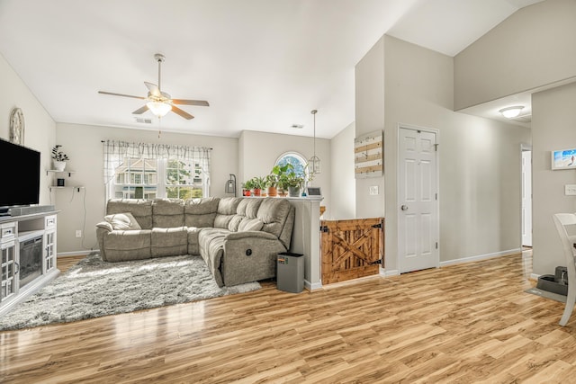 96 Lofty Cir, Stuarts Draft, VA 24477 - living room with a ceiling fan, wood finished floors, and lofted ceiling