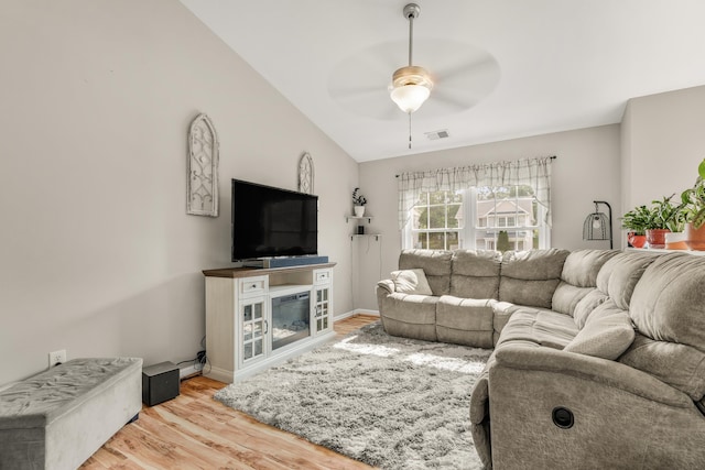 96 Lofty Cir, Stuarts Draft, VA 24477 - living room featuring ceiling fan, light wood-style floors, and vaulted ceiling