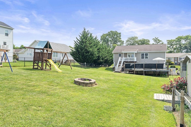96 Lofty Cir, Stuarts Draft, VA 24477 - fenced backyard with a playground, a fire pit, a deck, and stairs