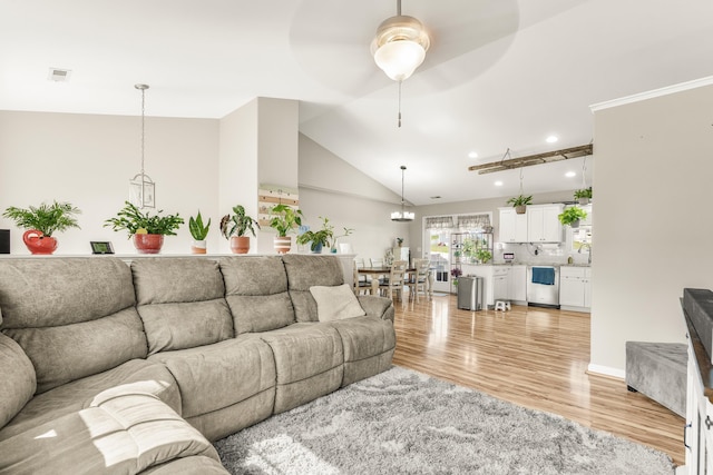 96 Lofty Cir, Stuarts Draft, VA 24477 - living area featuring light wood-type flooring, ceiling fan, recessed lighting, and lofted ceiling