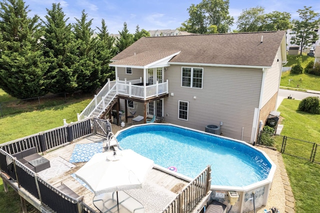 96 Lofty Cir, Stuarts Draft, VA 24477 - view of pool with a deck, stairs, a fenced backyard, and outdoor dining area