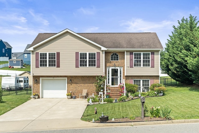 96 Lofty Cir, Stuarts Draft, VA 24477 - split foyer home with brick siding, an attached garage, concrete driveway, and roof with shingles