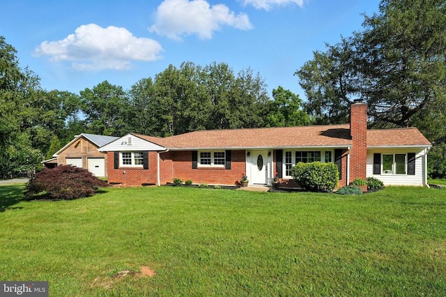9377 General Winder Rd, Rapidan, VA 22733 - ranch-style house with a chimney, a front lawn, brick siding, and a garage