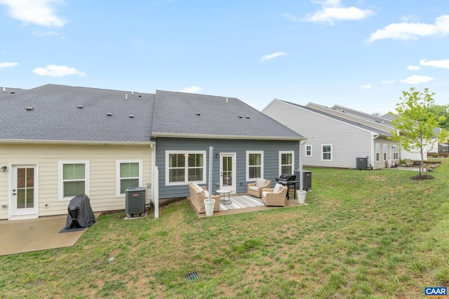 712 Empire St, Charlottesville, VA 22901 - rear view of property featuring outdoor lounge area, a yard, a shingled roof, and a wooden deck