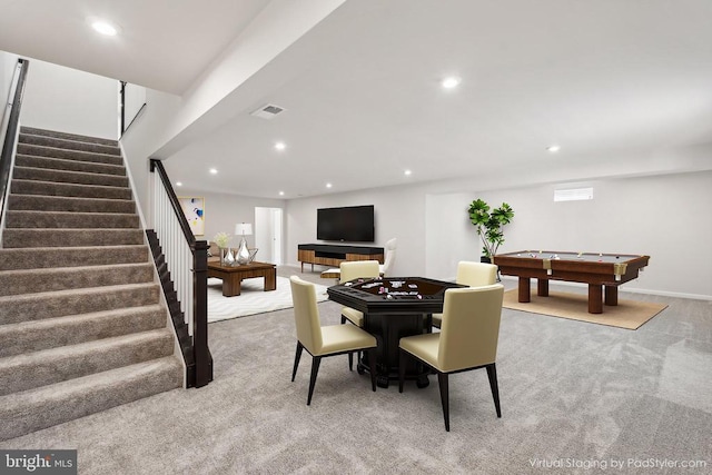 game room with carpet, recessed lighting, and billiards