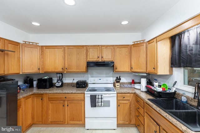 12016 Branchwater St, Fredericksburg, VA 22407 - kitchen featuring white electric stove, under cabinet range hood, a sink, recessed lighting, and brown cabinets