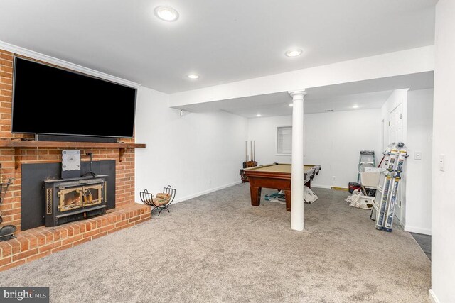 12016 Branchwater St, Fredericksburg, VA 22407 - game room featuring baseboards, carpet flooring, recessed lighting, billiards table, and a wood stove