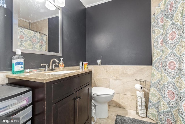 12016 Branchwater St, Fredericksburg, VA 22407 - bathroom featuring crown molding, tile walls, toilet, vanity, and tile patterned flooring