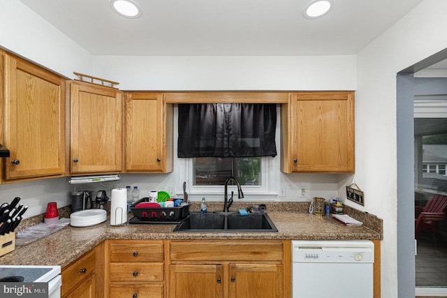 12016 Branchwater St, Fredericksburg, VA 22407 - kitchen featuring white dishwasher, a sink, recessed lighting, and brown cabinets