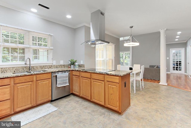 10409 Colechester St, Fredericksburg, VA 22408 - kitchen with stainless steel dishwasher, island range hood, black electric cooktop, light stone counters, and healthy amount of natural light