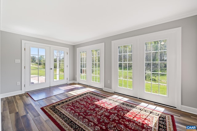 105 Squirrel Path, Stanardsville, VA 22973 - doorway to outside with french doors, plenty of natural light, ornamental molding, and wood finished floors