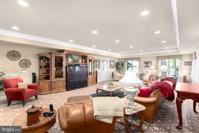 11306 Stonewall Jackson Dr, Spotsylvania, VA 22551 - carpeted living area with recessed lighting, crown molding, and a tray ceiling