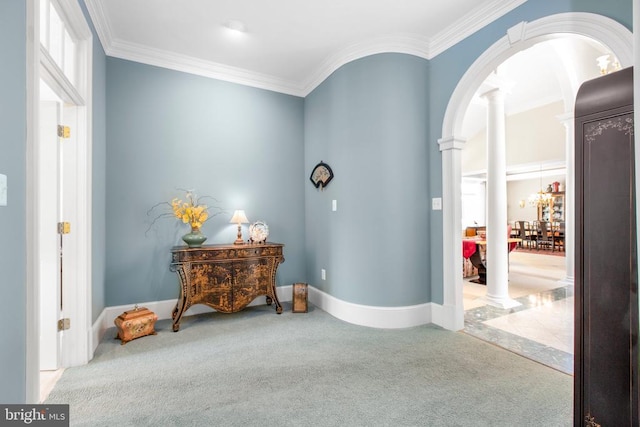 11306 Stonewall Jackson Dr, Spotsylvania, VA 22551 - entrance foyer featuring ornate columns, carpet flooring, crown molding, and arched walkways