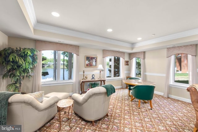 11306 Stonewall Jackson Dr, Spotsylvania, VA 22551 - living area featuring a raised ceiling, crown molding, plenty of natural light, baseboards, and recessed lighting