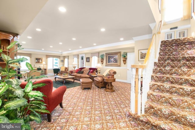 11306 Stonewall Jackson Dr, Spotsylvania, VA 22551 - carpeted living room with crown molding, recessed lighting, stairs, and baseboards