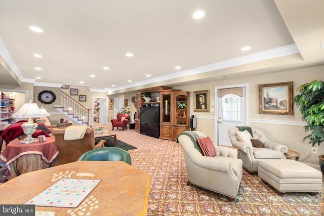 11306 Stonewall Jackson Dr, Spotsylvania, VA 22551 - living room featuring crown molding, stairway, recessed lighting, and carpet flooring