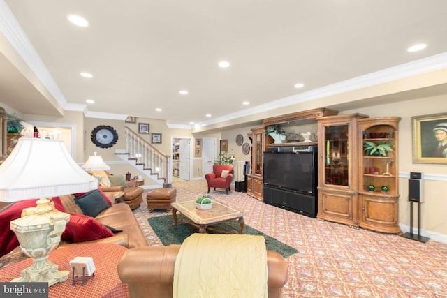 11306 Stonewall Jackson Dr, Spotsylvania, VA 22551 - living room with stairs, light carpet, crown molding, recessed lighting, and baseboards