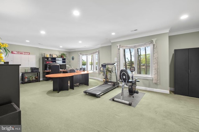 11306 Stonewall Jackson Dr, Spotsylvania, VA 22551 - workout area featuring recessed lighting, light carpet, ornamental molding, and baseboards