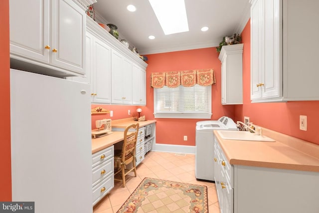 11306 Stonewall Jackson Dr, Spotsylvania, VA 22551 - laundry room featuring cabinet space, washing machine and dryer, light tile patterned floors, recessed lighting, and an office area