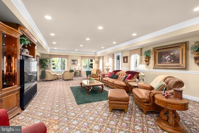 11306 Stonewall Jackson Dr, Spotsylvania, VA 22551 - living area with crown molding, carpet, a tray ceiling, and recessed lighting