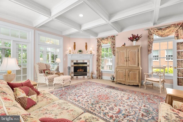 11306 Stonewall Jackson Dr, Spotsylvania, VA 22551 - living area with coffered ceiling, a lit fireplace, baseboards, beamed ceiling, and crown molding